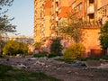 Kharkiv, Kharkov, Ukraine - 05.07.2022: ruined empty street with metal fragments of military weapon wreckage of building