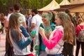 Kharkiv, Ukraine - April 24, 2016. Group of happy girls on holi festival Royalty Free Stock Photo