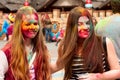 Kharkiv, Ukraine - April 24, 2016. Group of happy girls on holi festival Royalty Free Stock Photo