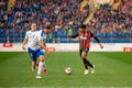 Kharkiv, Ukraine - April 7, 2019: Midfielder or forward, captain Taison of Shakhtar Donetsk in dribbling and fighting for a ball