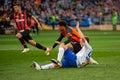 Kharkiv, Ukraine - April 7, 2019: Midfielder or forward, captain Taison of Shakhtar Donetsk in dribbling and fighting for a ball