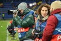 KHARKIV, UKRAINE - December 06, 2017: Journalist and photographers work before the UEFA Champions League match between Shakhtar D