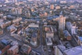 KHARKIV, UKRAINE - December 6th, 2020: Aerial view to the center of the city with historic buildings, Kharkiv river and