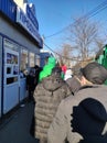 Kharkiv, Ukraine - 24 february 2022: Customers stand queue to food market.