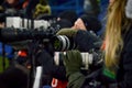 KHARKIV, UKRAINE - February 14, 2019: Photographers, journalists with cameras shoot a match during the UEFA Europa League match