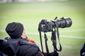 KHARKIV, UKRAINE - February 14, 2019: Photographers, journalists with cameras shoot a match during the UEFA Europa League match