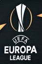 KHARKIV, UKRAINE - February 14, 2019: UEFA Europa League logo and emblem during the UEFA Europa League match between Shakhtar Royalty Free Stock Photo