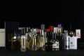 KHARKIV, UKRAINE - JANUARY 2, 2021 Many Fragrance perfume bottles of various famous brands of perfume manufacturers on