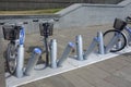 Kharkiv, Ukraine, July, 2017 Bike sharing dock station. City bicycle parking point powered by solar cell panels. Urban mobility Royalty Free Stock Photo