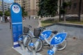 Kharkiv, Ukraine, July, 2017 Bike sharing dock station. City bicycle parking point powered by solar cell panels. Urban mobility Royalty Free Stock Photo