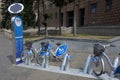 Kharkiv, Ukraine, July, 2017 Bike sharing dock station. City bicycle parking point powered by solar cell panels. Urban mobility Royalty Free Stock Photo