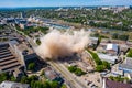 Aerial view of dust cloud after collapsing of old building after demolishing in Kharkiv Royalty Free Stock Photo