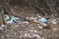 Kharkiv, Ukraine, November 9, 2019: Heap of trash, dirty environment concept. Pile of waste in the woods. Garbage in forest