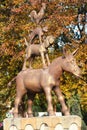 Kharkiv, Ukraine - October 10, 2021: Bronze statue in Kharkiv Central Park, depicting donkey, dog, cat and rooster - characters of Royalty Free Stock Photo