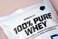 Whey Protein Powder 100 Percent Pure Whey from BioTech USA. Sports nutrition concept. Sports, bodybuilding.