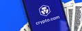 Kharkov, Ukraine - April 9, 2021: Crypto.com app logo close-up on the screen, banner