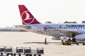 Kharkov/Ukraine - August 19, 2018: Airbus A319 of Turkish Airlines in Kharkov Airport, baggage luggage loading