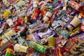 KHARKOV, UKRAINE - AUGUST 10, 2021: Big pile of various wrappings and empty disposable packages and cups from famous branded food