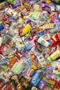 KHARKOV, UKRAINE - AUGUST 10, 2021: Big pile of various wrappings and empty disposable packages and cups from famous branded food