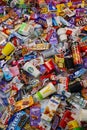 KHARKOV, UKRAINE - AUGUST 10, 2021: Big pile of various wrappings and empty disposable packages and cups from famous branded food