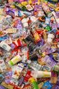 KHARKOV, UKRAINE - AUGUST 10, 2021: Big pile of various wrappings and empty disposable packages and cups from famous branded food