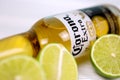 KHARKOV UKRAINE - DECEMBER 9 2020: Bottle of Corona Extra Beer with lime slices. Corona produced by Grupo Modelo with Anheuser
