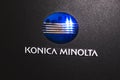 Kharkov, Ukraine - December 24, 2021: Konica Minolta large commercial copier machine logo close-up