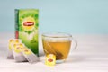 KHARKOV UKRAINE - DECEMBER 8 2020: Lipton classic green tea bags. Lipton is a British brand of tea owned by Unilever and PepsiCo