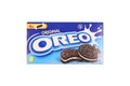 KHARKOV, UKRAINE - DECEMBER 8, 2020: Oreo sandwich cookies box on white background. Oreo is goods manufactured by Nabisco division