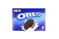 KHARKOV, UKRAINE - DECEMBER 8, 2020: Oreo sandwich cookies box on white background. Oreo is goods manufactured by Nabisco division