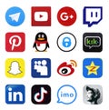 KHARKOV, UKRAINE - FEBRUARY 24, 2021: Many icons of popular social networks and messengers printed on white paper. Logos of modern