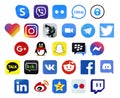 KHARKOV, UKRAINE - FEBRUARY 24, 2021: Many icons of popular social networks and messengers printed on white paper. Logos of modern