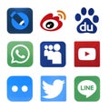 KHARKOV, UKRAINE - FEBRUARY 24, 2021: Many icons of popular social networks and messengers printed on white paper. Logos of modern