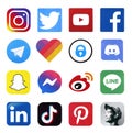 KHARKOV, UKRAINE - FEBRUARY 24, 2021: Many icons of popular social networks and messengers printed on white paper. Logos of modern