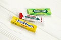 KHARKOV, UKRAINE - FEBRUARY 14, 2021: Wrigleys Spearmint Doublemint and Juicy Fruit chewing gum in classic design