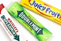 KHARKOV, UKRAINE - FEBRUARY 14, 2021: Wrigleys Spearmint Doublemint and Juicy Fruit chewing gum in classic design