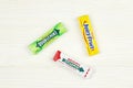 KHARKOV, UKRAINE - FEBRUARY 14, 2021: Wrigleys Spearmint Doublemint and Juicy Fruit chewing gum in classic design