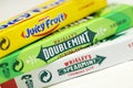 KHARKOV, UKRAINE - FEBRUARY 14, 2021: Wrigleys Spearmint Doublemint and Juicy Fruit chewing gum in classic design