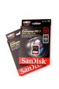 KHARKOV, UKRAINE - JANUARY 12, 2021: SanDisk Extreme pro sdhc 32gb new memory card for photo and video recording devices Royalty Free Stock Photo