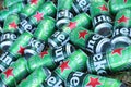 KHARKOV, UKRAINE - JULY 31, 2021: Green tin cans of Heineken lager beer produced by the Dutch brewing company Heineken N.V