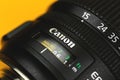 Kharkov, Ukraine - March 7, 2021: Canon macro lens close up, parts of professional equipment for photographers