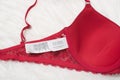 KHARKOV, UKRAINE - MARCH 04, 2019: Inner side of red lace bra. Label GILLY HICKS. Lingerie concept. Close up