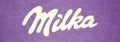 Kharkov, Ukraine - March 24, 2021: Milka logo banner close-up