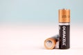 Duracell batteries on white background. Duracell is an American brand of batteries and smart power solutions manufactured by