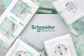 Schneider electrics box of plastic electrical outlets with european plug standard. Schneider Electric is a European multinational