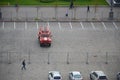 KHARKOV, UKRAINE - OCTOBER 25, 2019: Fire rescue truck from post soviet era parks on main Kharkiv city freedom square