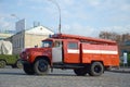 KHARKOV, UKRAINE - OCTOBER 25, 2019: Fire rescue truck from post soviet era parks on main Kharkiv city freedom square