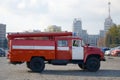 KHARKOV, UKRAINE - OCTOBER 25, 2019: Fire rescue truck from post soviet era parks on main Kharkiv city freedom square