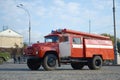 KHARKOV, UKRAINE - OCTOBER 25, 2019: Fire rescue truck from post soviet era parks on main Kharkiv city freedom square