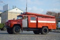 KHARKOV, UKRAINE - OCTOBER 25, 2019: Fire rescue truck from post soviet era parks on main Kharkiv city freedom square